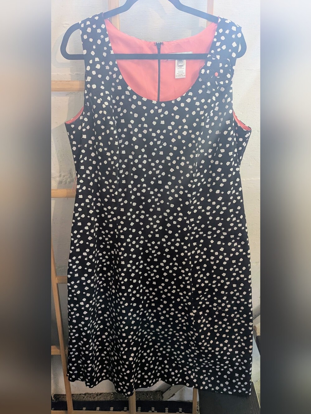 Robbie Bee Black Polka Dot Sleeveless Dress with Coral Lining